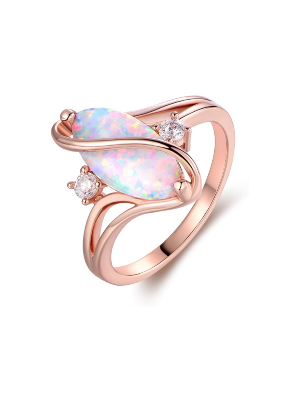 Rose Gold Opal Ring with Diamond Accent Stones - Women Jewelry